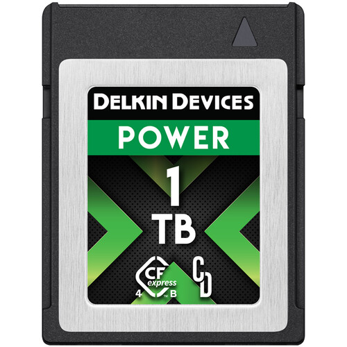Product shot of a black and silver Delkin Devices POWER 4.0 CFexpress Type B 1TB