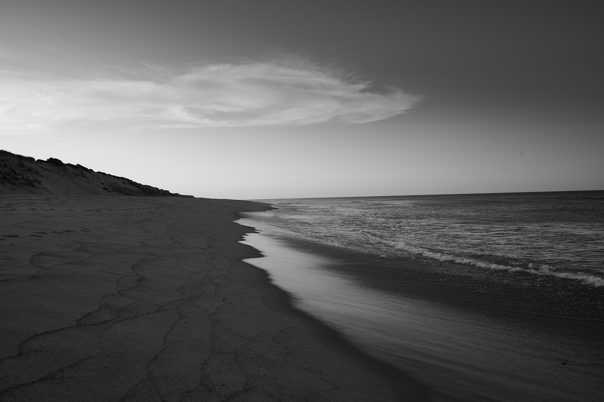 A black-and-white image of the beach with waves washing up.
