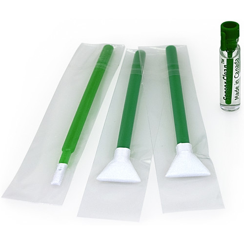 A product photograph of a VisibleDust EZ Sensor Cleaning Kit, with green and white cleaning swabs and a cleaning solution.