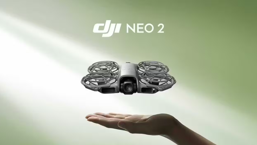 Marketing photo of DJI Neo 2 hovering over persons hand